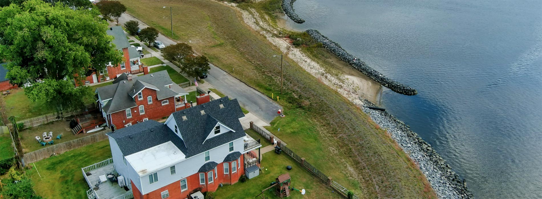 Detail of single family houses along the newly completed living shoreline.