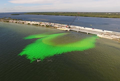 Green dye shows water circulating as it flows under a bridge.