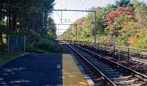 Autumn trees surround both sides of railway tracks coming into a station.