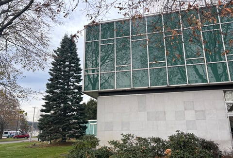 Exterior view of a modern architecture building with large glass windows, surrounded by leafy trees.