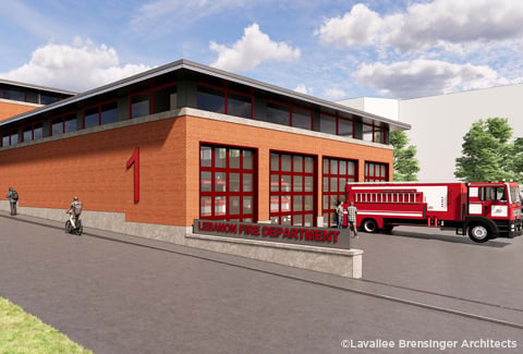 Artist rendering of the new Lebanon Fire Station showing a sidewalk with a pedestrian and a cyclist.