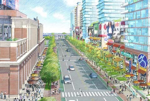 Streetscape rendering of corridor at Willets Points in Queens, New York.