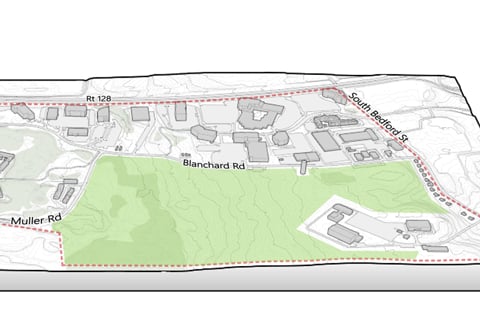 Map view of the Blanchard Wheeler Corridor with red dotted lines depicting roadways and buildings inside representing affiliated developments.