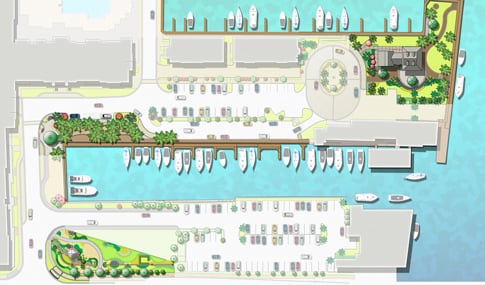 A rendered master plan document of the marina.