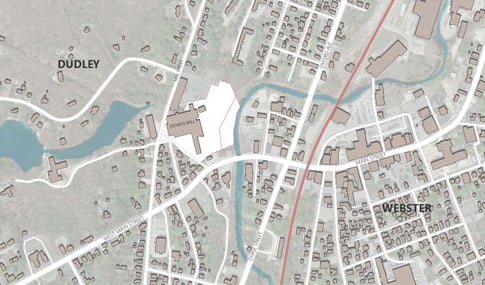 Map showing Dudley and Webster and the French River, with the Stevens Mill property outlined in red.