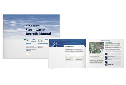 Cover and inside pages of the New England Stormwater Retrofit Manual.