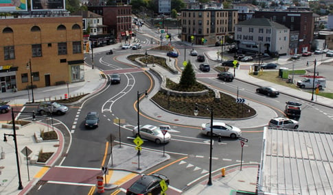 The new hybrid roundabout offers clearly defined traffic patterns, increased traffic calming efforts, and enhanced safety.