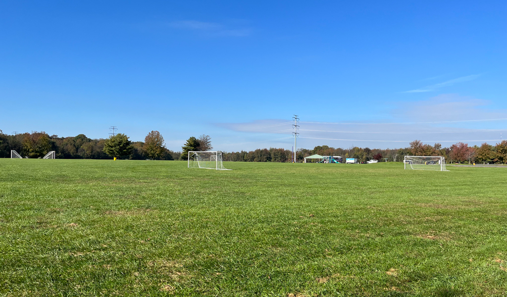 Multiple grass fields with white soccer goal posts.