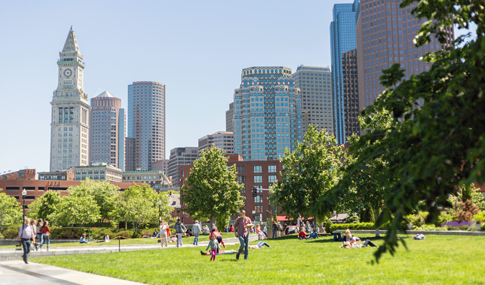 A sunny day at the Rose Kennedy Greenway in Boston.