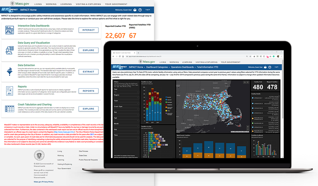 An open laptop showing the state of Massachusetts in front of a Mass.gov dashboard. 