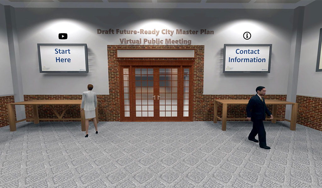 Virtual meeting room example screenshot shows a room, linked resources to view, and two human avatars moving about.