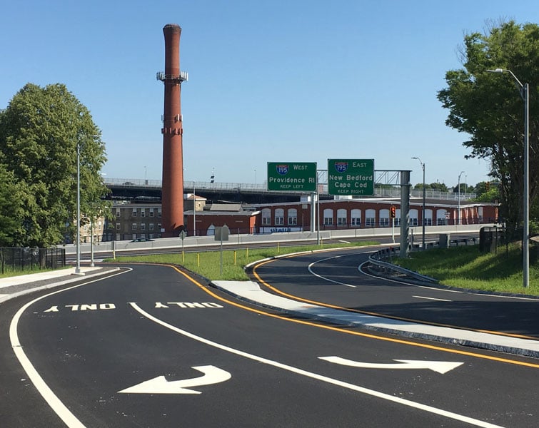 Newly completed Route 79/I-195 interchange ramp in Massachusetts.