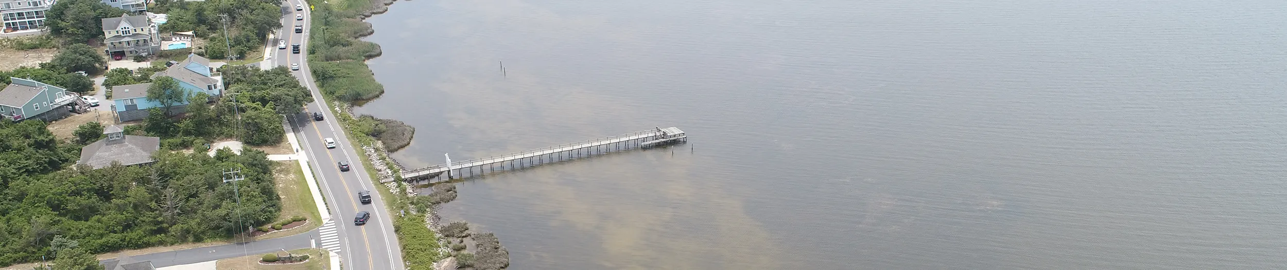 An aerial view of NC-12 along the Currituck Sound