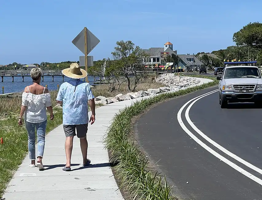 Elevated section of NC-12, sidewalk, and living shoreline elements in the Town of Duck 