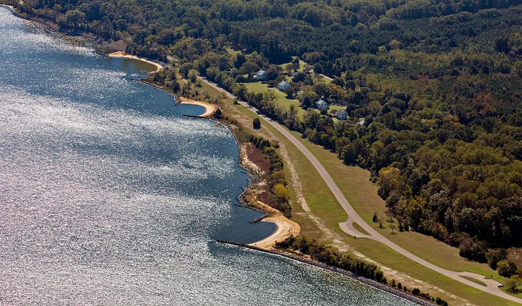 Aerial view of the three miles of stabilized shoreline.