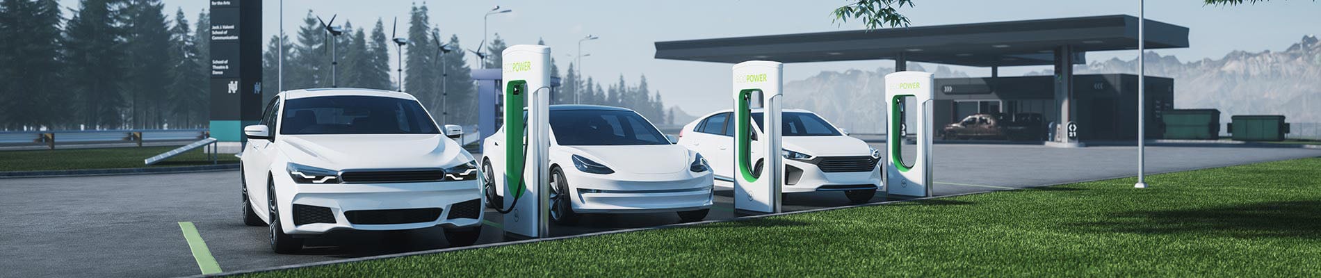 Charging station for electric cars in the background of a gas station.