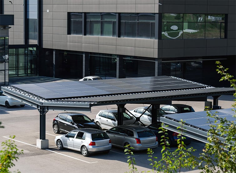 A parking structure with canopy solar panels.