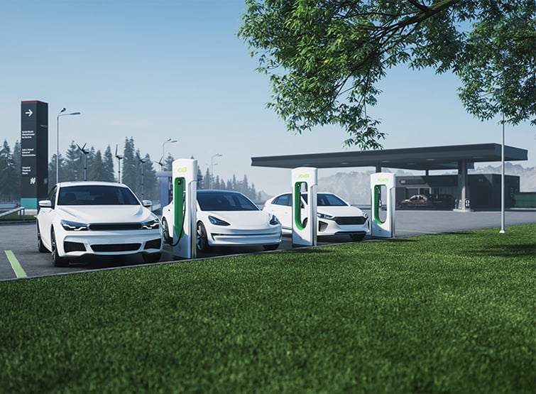 A row of electric vehicle charging structures.