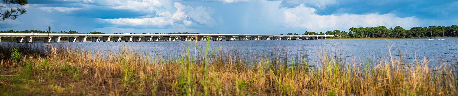 View from underneath a concrete bridge that spans a river