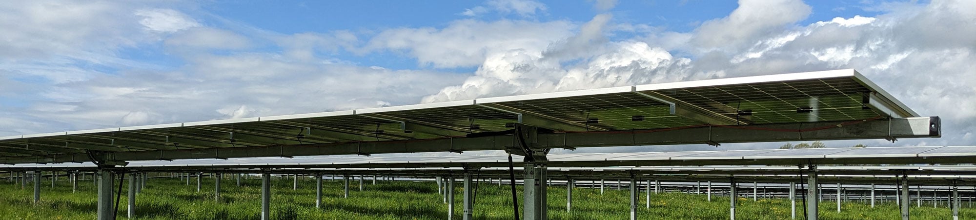 Solar panels with grass fields and blue skies.