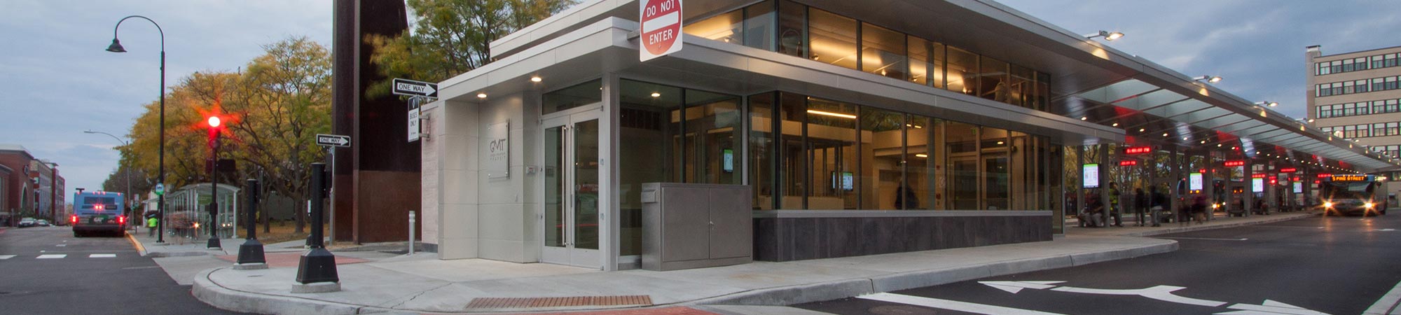 Burlington Downtown Transit Center, featuring bus drop off, sidewalks, and crosswalk.