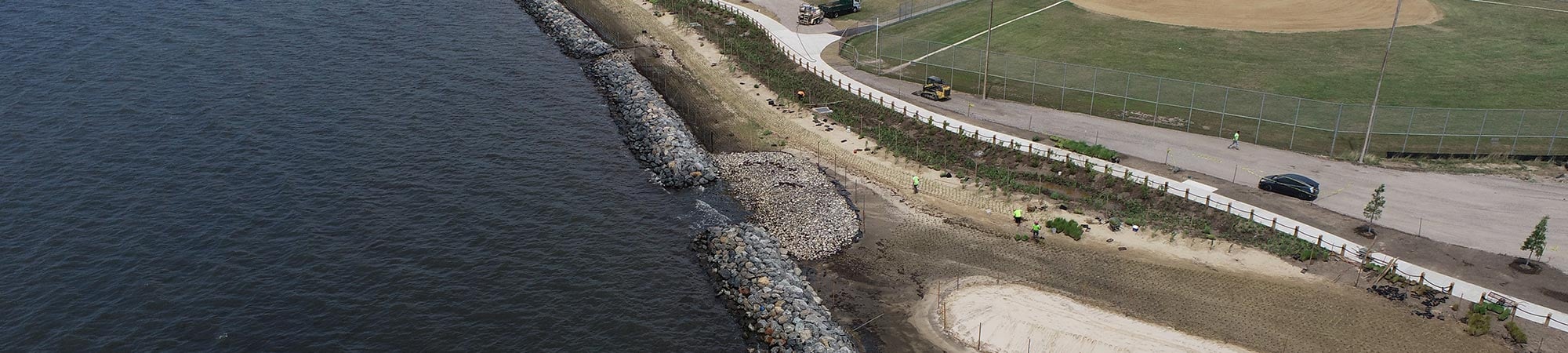 An aerial view of Shorefront Park’s living shoreline. 