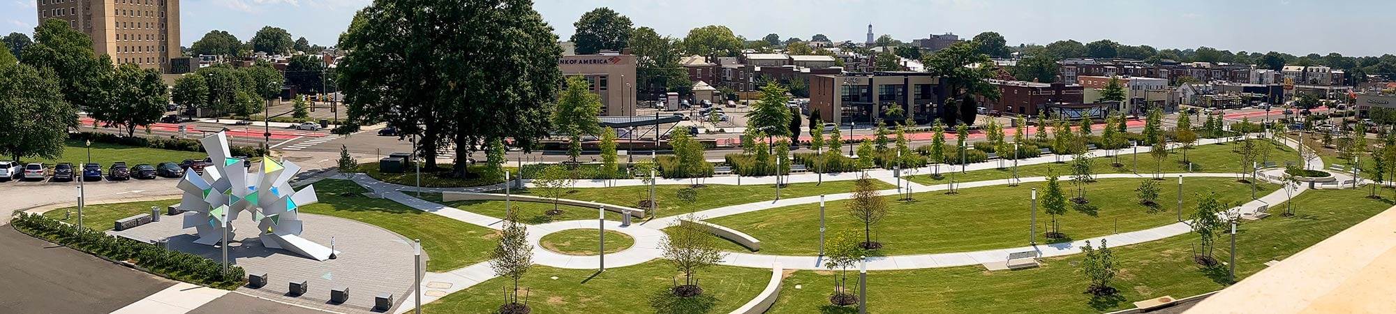 An aerial view of Maggie Walker Plaza in Richmond, Virginia