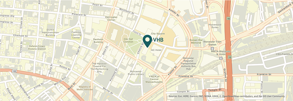 Location of VHB's Worcester, Massachusetts office.