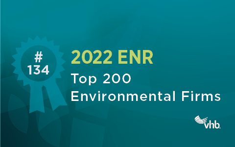 An award ribbon against a teal background with text announcing ENR Top 200 Environmental Firms List