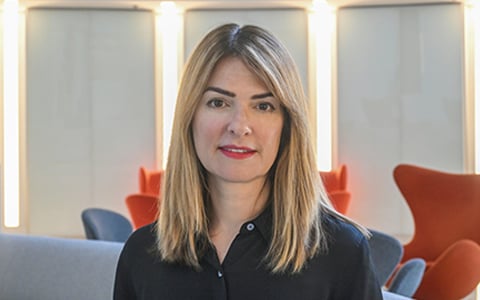 Anna Chamberlin in an office setting in a black shirt.