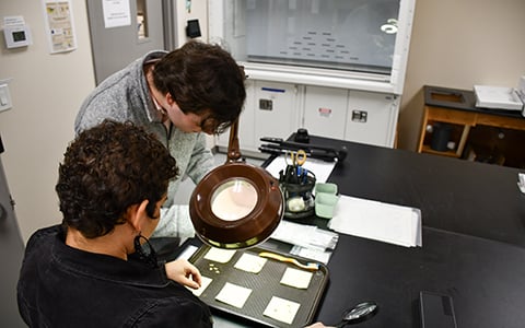 Two people look at artifacts in a lab