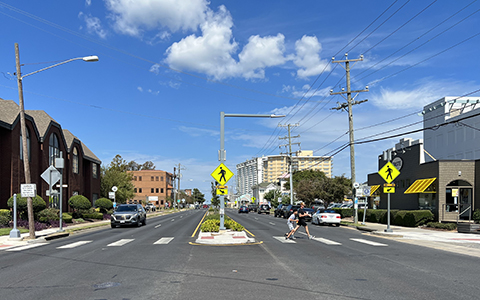 A crosswalk with new pedestrian accommodations on Pacific Avenue.