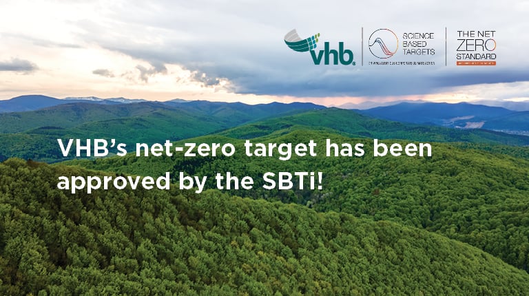 Green mountains in the foreground with the sun setting in the background, with the SBTi logo.