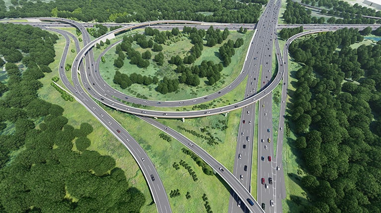 Digital rendering of the I-495 and I-90 interchange project area.