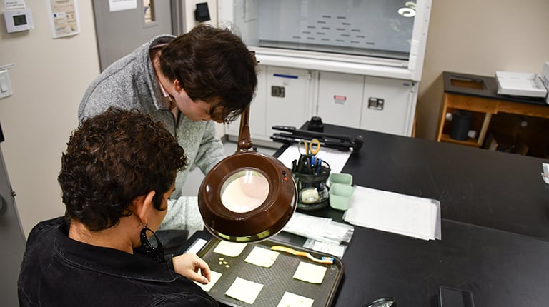 Two people look at artifacts in a lab