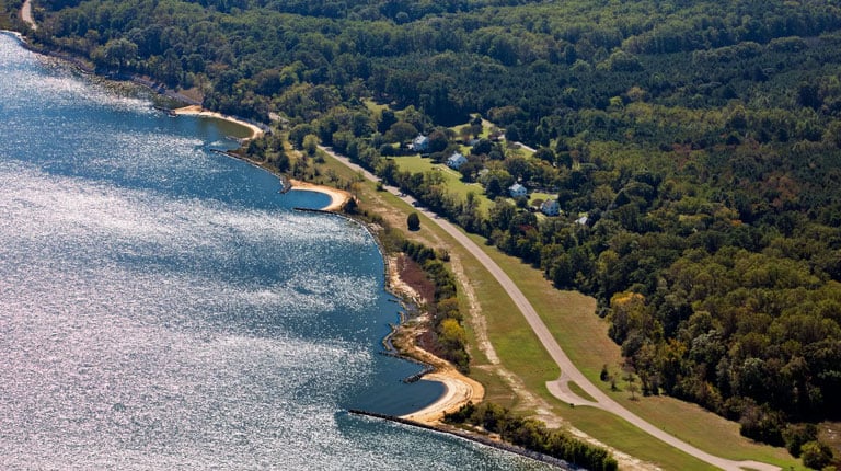 Aerial view of the three miles of stabilized shoreline.