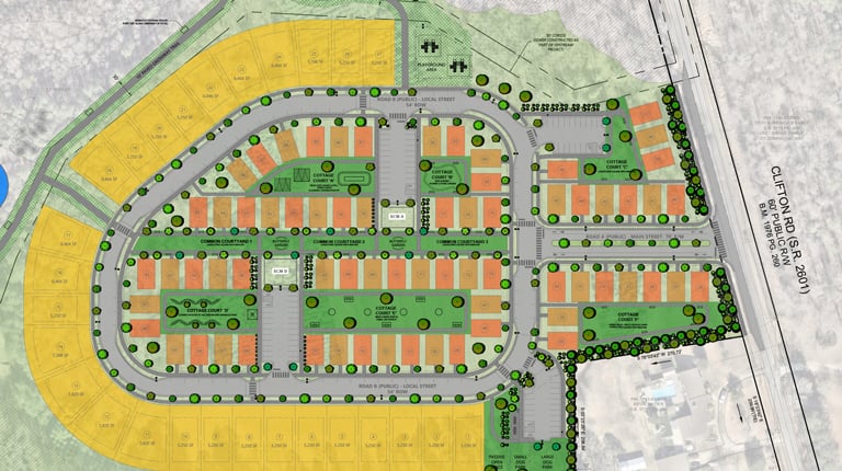 An aerial illustration showcasing the full development that includes single family homes, cottage style homes, active open space, and areas for recreation.