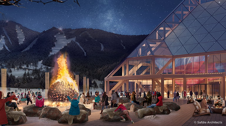 A rendering of the new Killington Ski Area, featuring the new lodge, snowfront, and a recreational space with bonfires. 