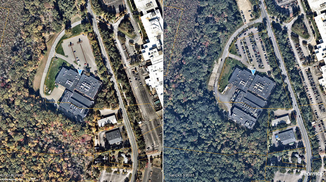 Side-by-side aerial images showing buildings and surrounding land and trees