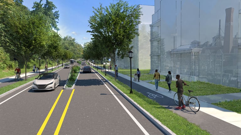 A rendering of the MLK corridor with two lanes of cars, a new green median, and separated multiuse paths