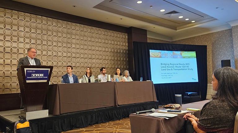 Six VHB and MassDOT team members sit on a panel at the TRB Access Management conference. The title of their presentation is: Bridging Regional Needs with Local Access: Route 128/I-95 Land Use and Transportation Study.