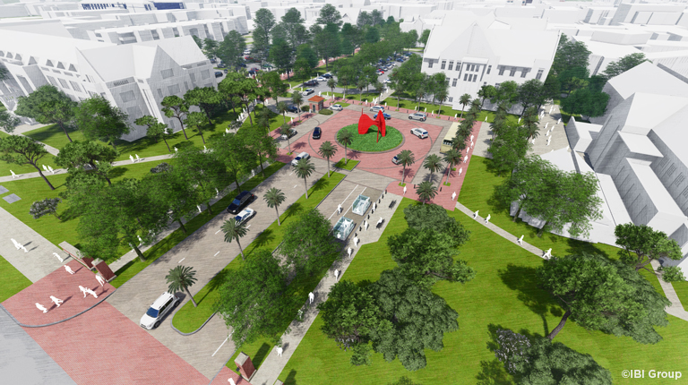 color rendering of a vehicular and pedestrian entry plaza on a college campus with trees lining the path.