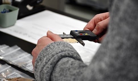 A person holding a measuring tool and artifact