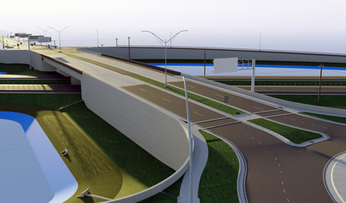 A MBD rendering of a highway, bridges, streetlights, and signage.