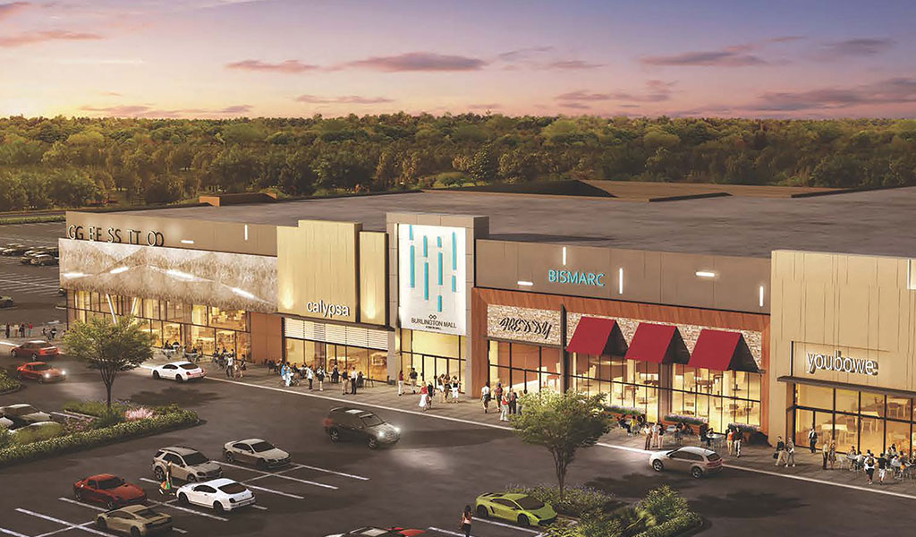 Bird’s eye view rendering of the Burlington Mall depicting retail shops.