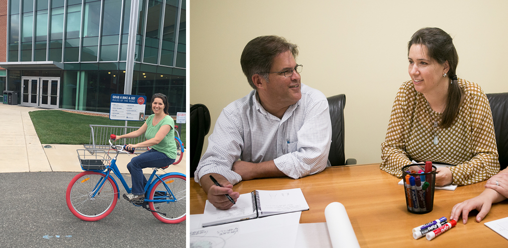 Collage of Charlene riding a bike on Capital One’s campus and Charlene and Andy collaborating at a conference table.