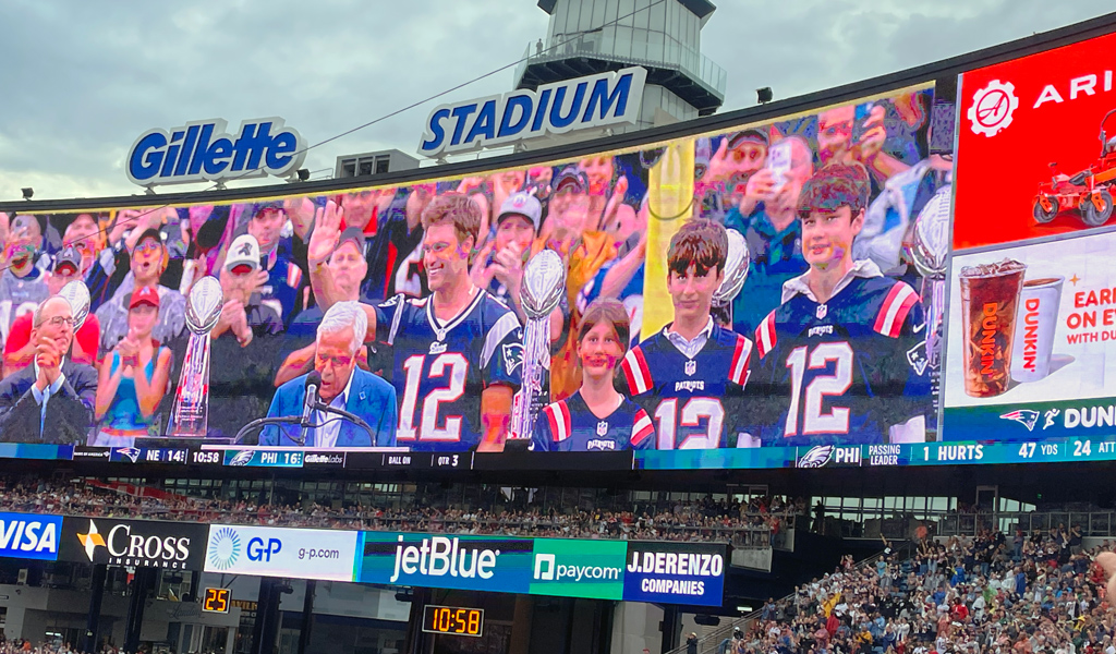 Video board at Gillette Stadium with Robert Kraft and Tom Brady.