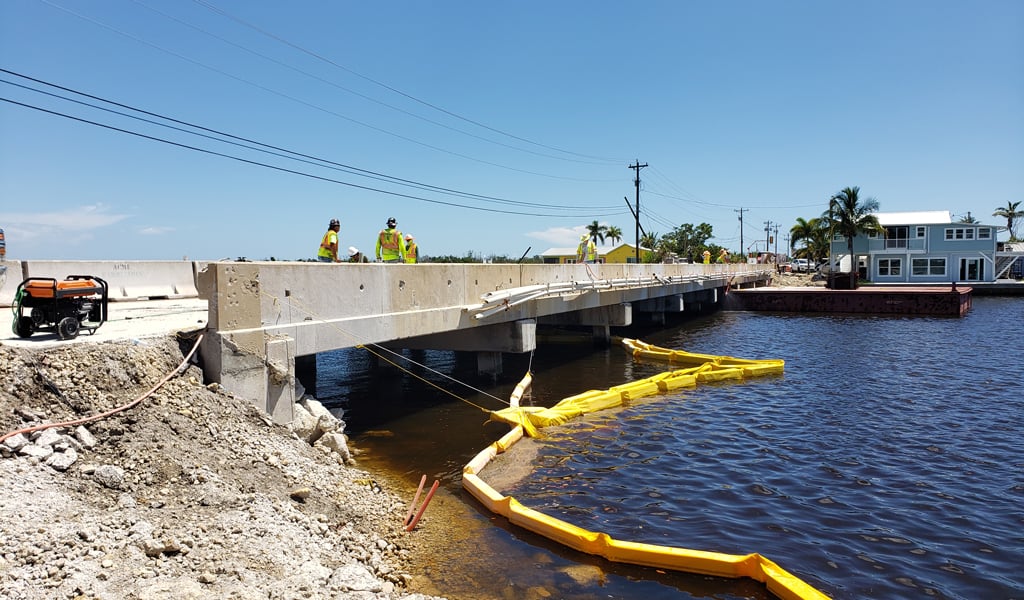 Construction workers on a bridge.