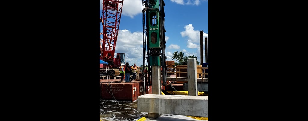 A bubble curtain in the water at a bridge construction project.