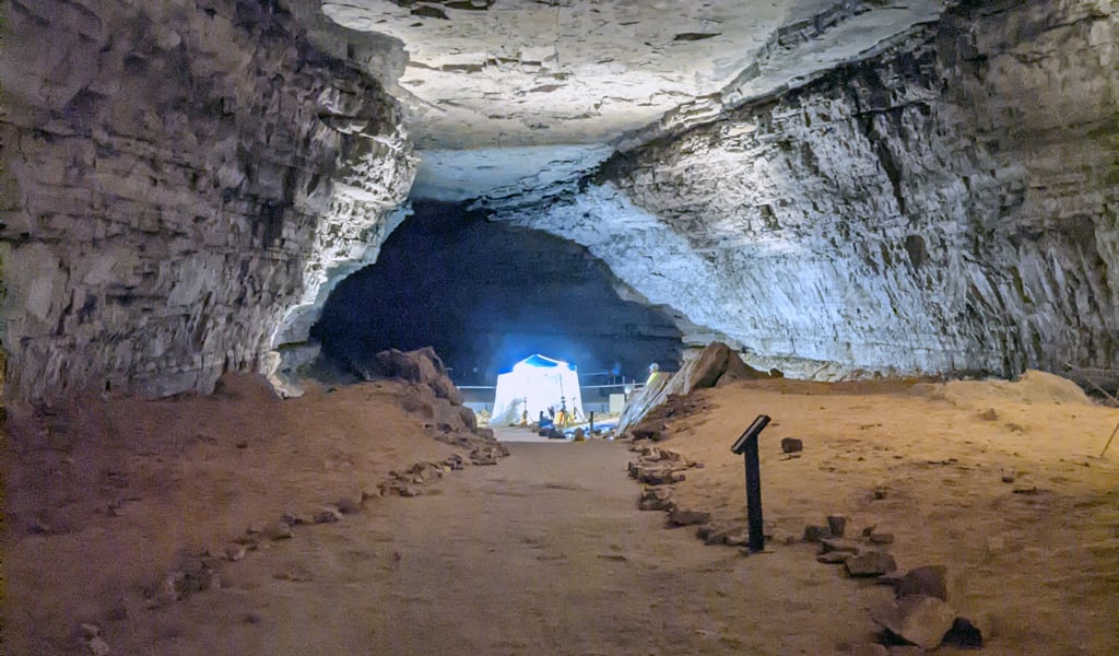 An archaeological dig site is lit up under a tent in a large cave.